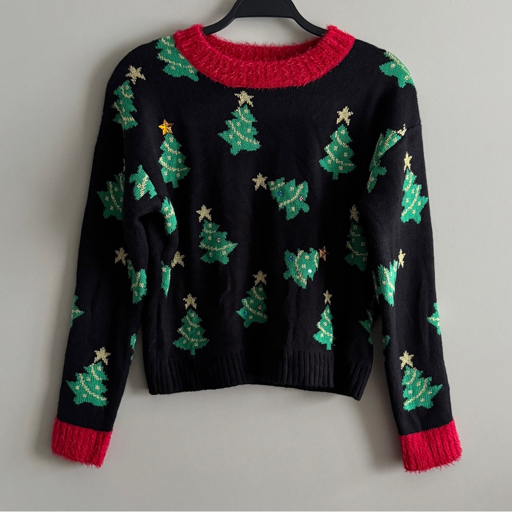 Festive Black Sweater with Christmas Tree Design